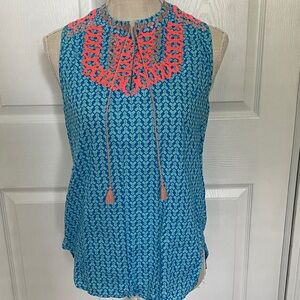 J. Crew embroidered tunic tank top Blue and Coral Sleeveless Blouse 2 small